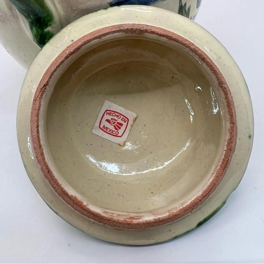 Vtg Mexican Pottery Sugar Bowl w/lid Hand Painted Fish  Glazed, Artist Signed
